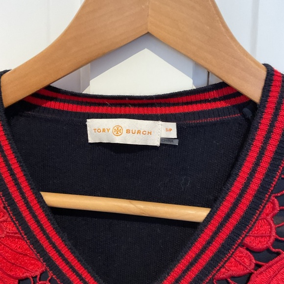 Tory Burch Black and Red Floral V-Neck Sweater - Picture 2 of 3